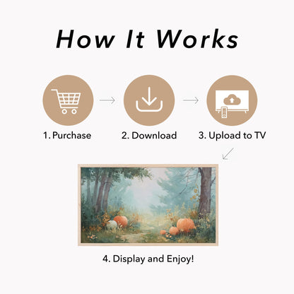 Pumpkins in Misty Forest Clearing Frame TV Art displayed on a TV