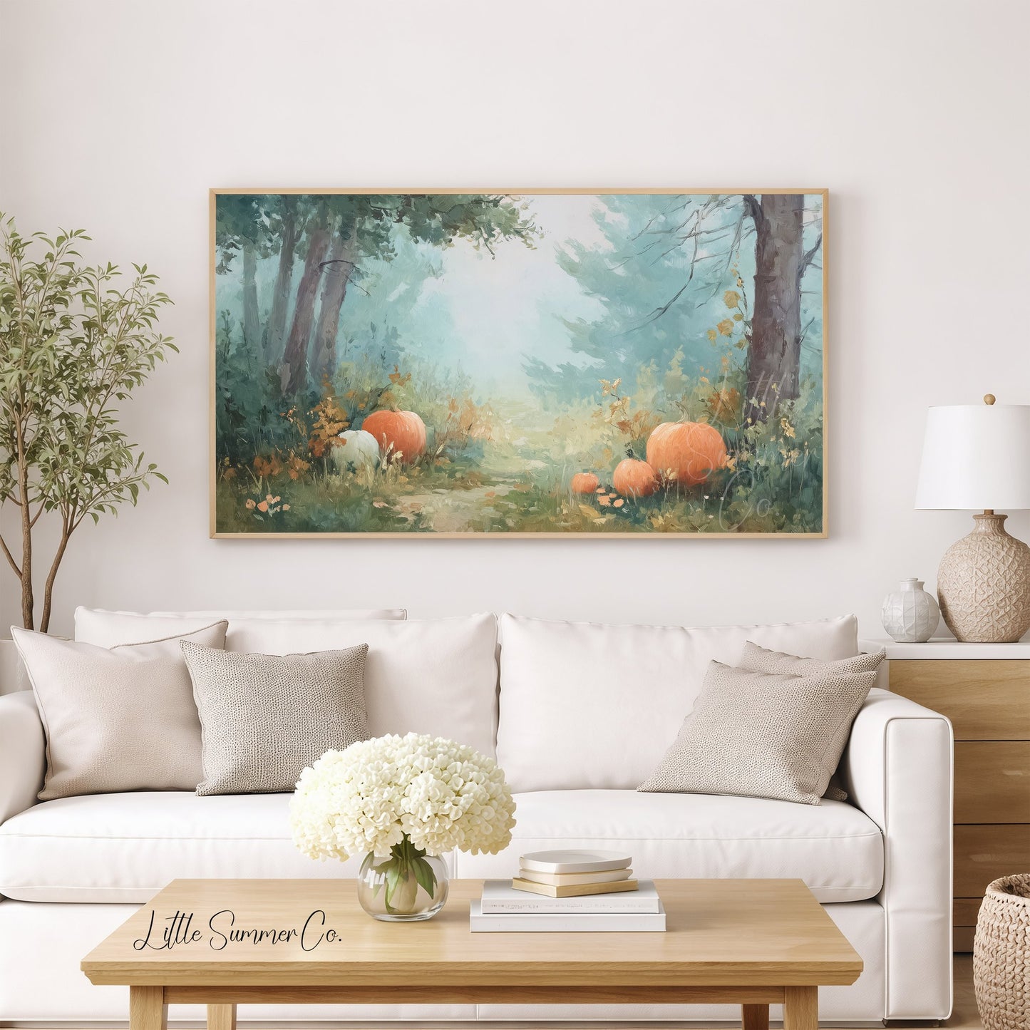 Pumpkins in Misty Forest Clearing Frame TV Art displayed on a TV