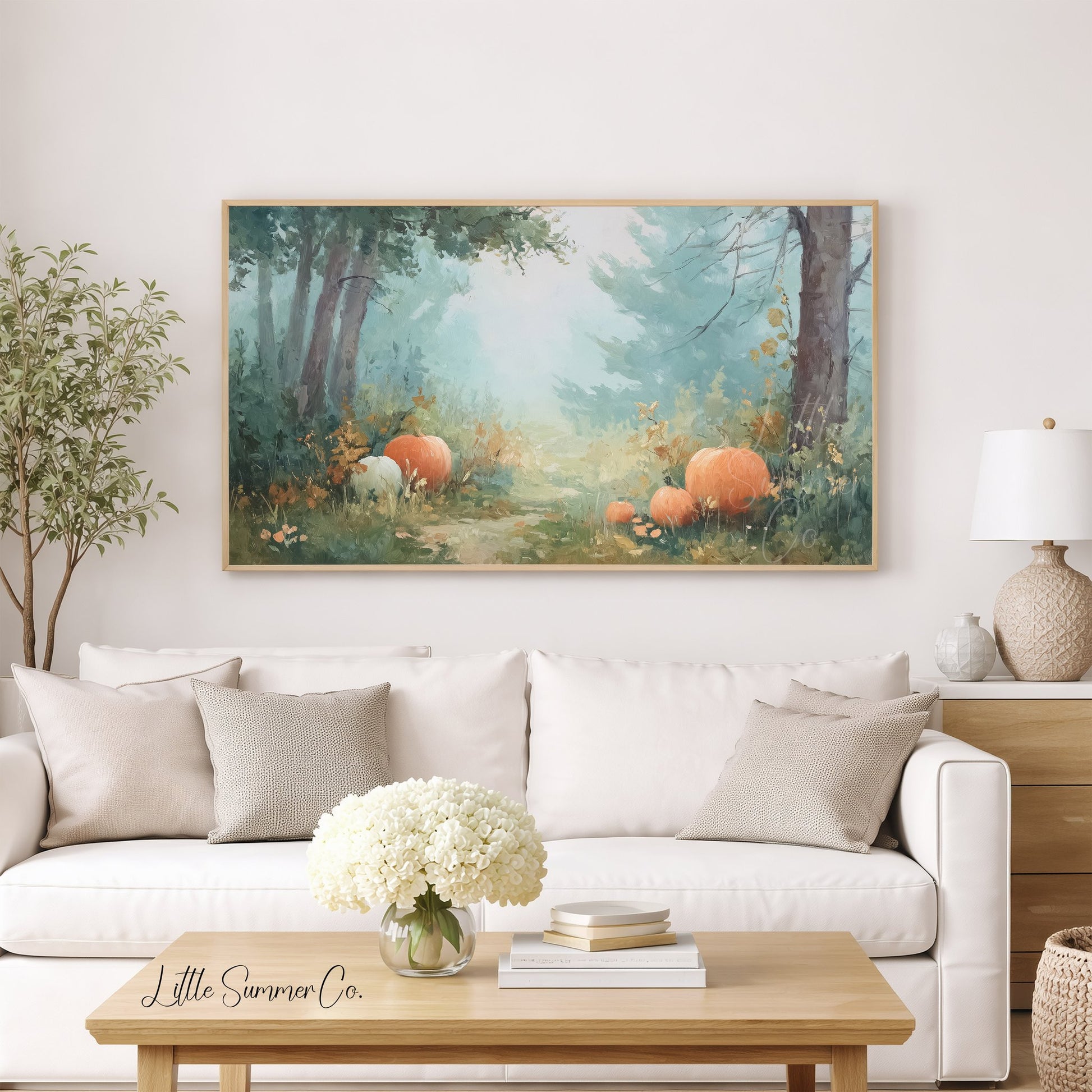 Pumpkins in Misty Forest Clearing Frame TV Art displayed on a TV