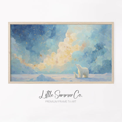 Polar Bears Golden Clouds Frame TV Art displayed on a TV