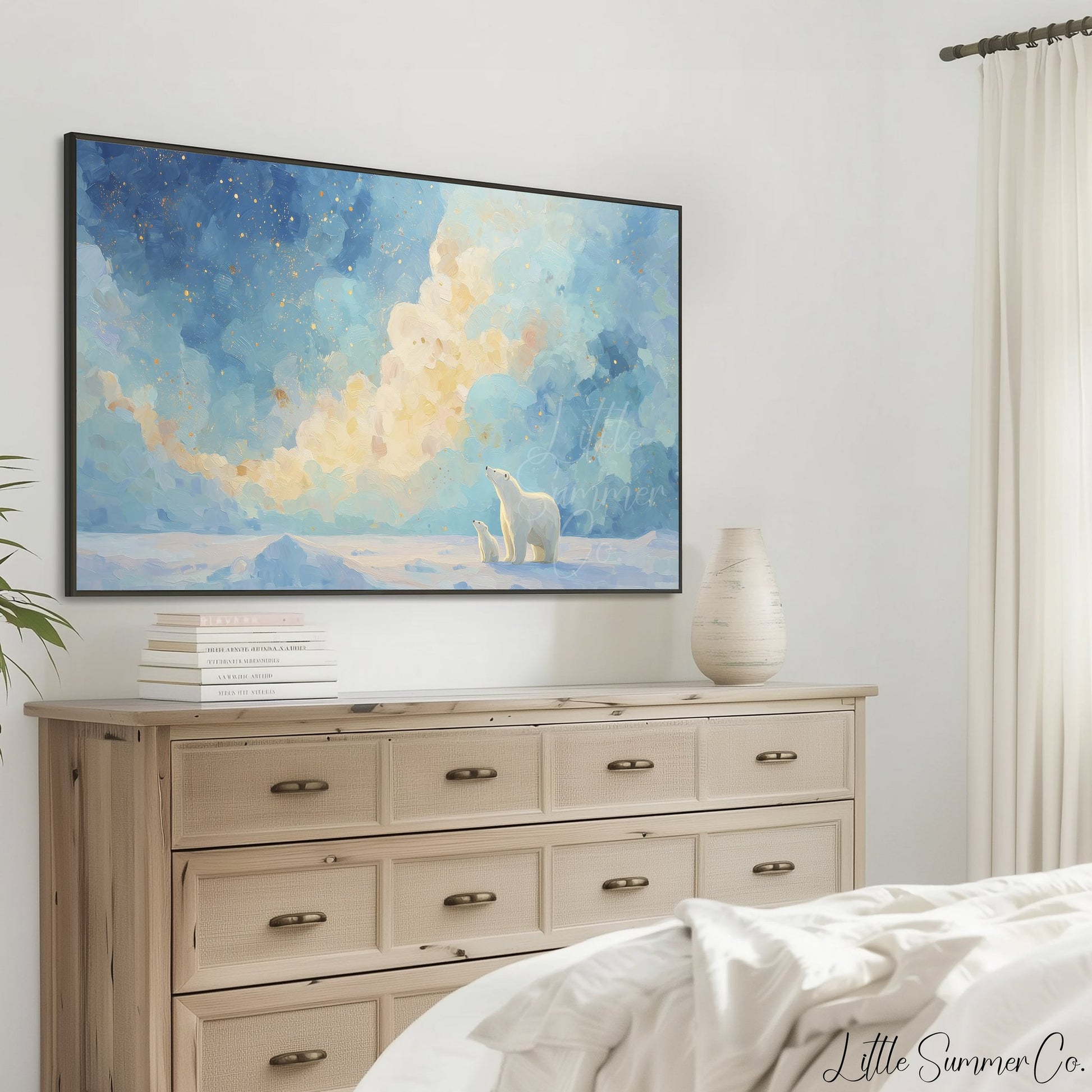 Polar Bears Golden Clouds Frame TV Art displayed on a TV