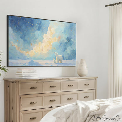 Polar Bears Golden Clouds Frame TV Art displayed on a TV