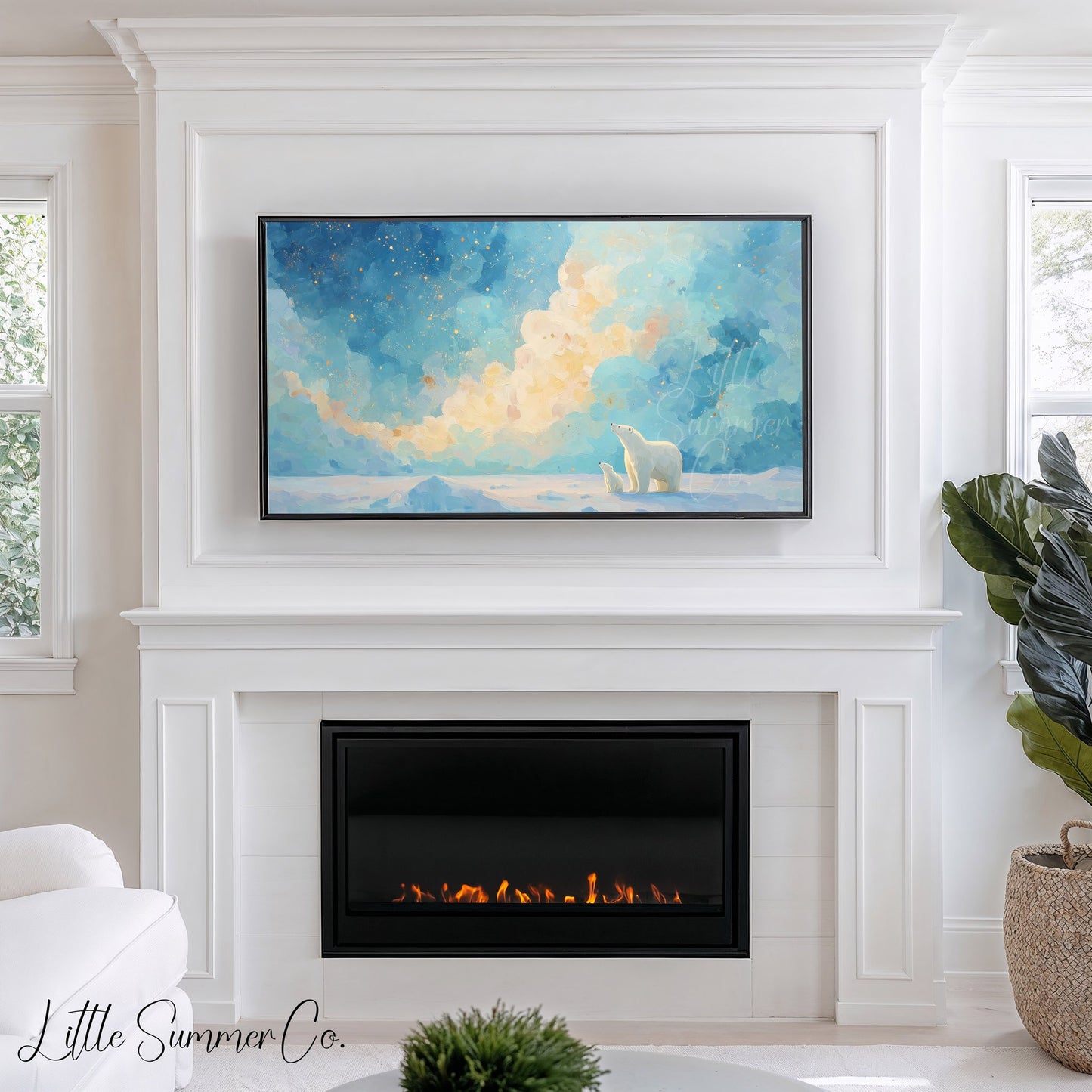 Polar Bears Golden Clouds Frame TV Art displayed on a TV