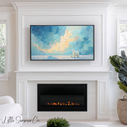 Polar Bears Golden Clouds Frame TV Art displayed on a TV