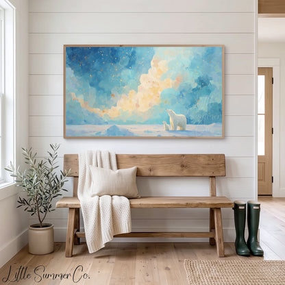 Polar Bears Golden Clouds Frame TV Art displayed on a TV