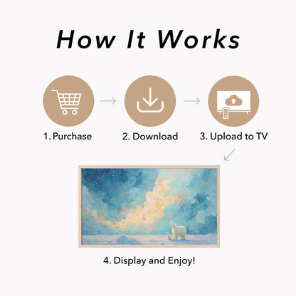 Polar Bears Golden Clouds Frame TV Art displayed on a TV