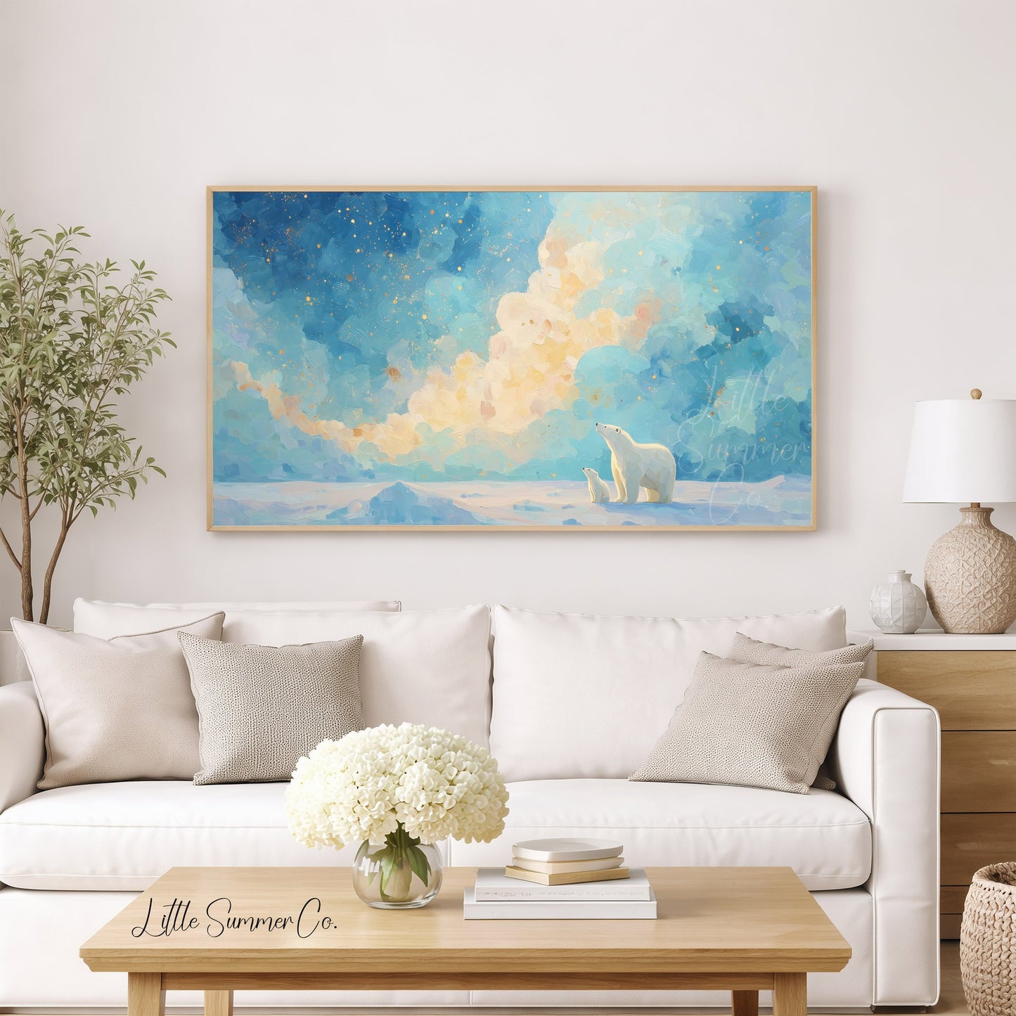 Polar Bears Golden Clouds Frame TV Art displayed on a TV