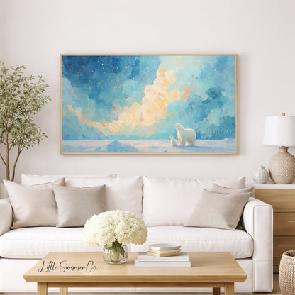 Polar Bears Golden Clouds Frame TV Art displayed on a TV