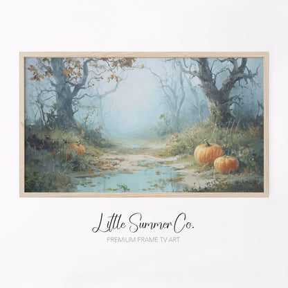 Pumpkins on Misty Woodland Path Frame TV Art displayed on a TV