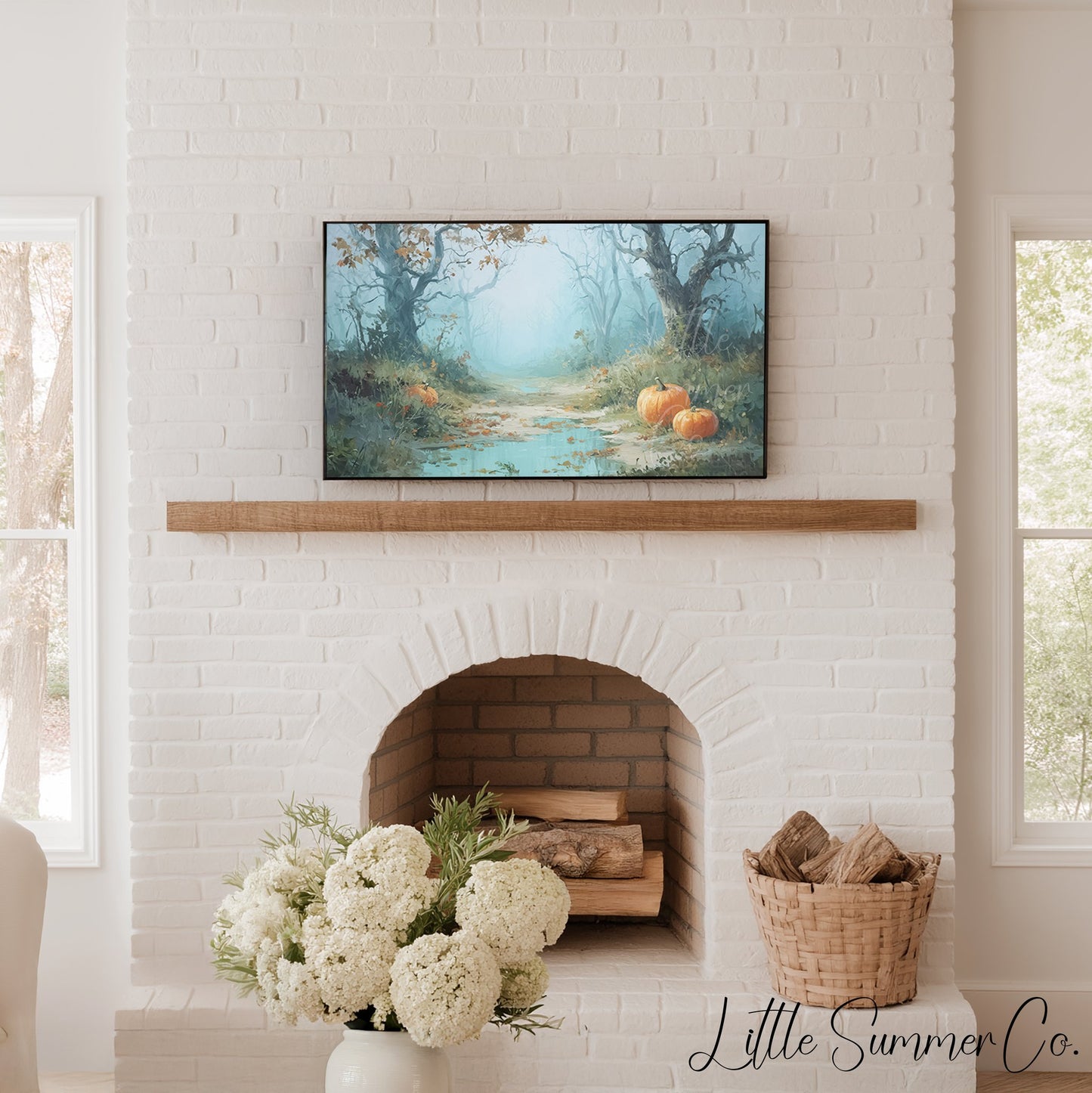 Pumpkins on Misty Woodland Path Frame TV Art displayed on a TV