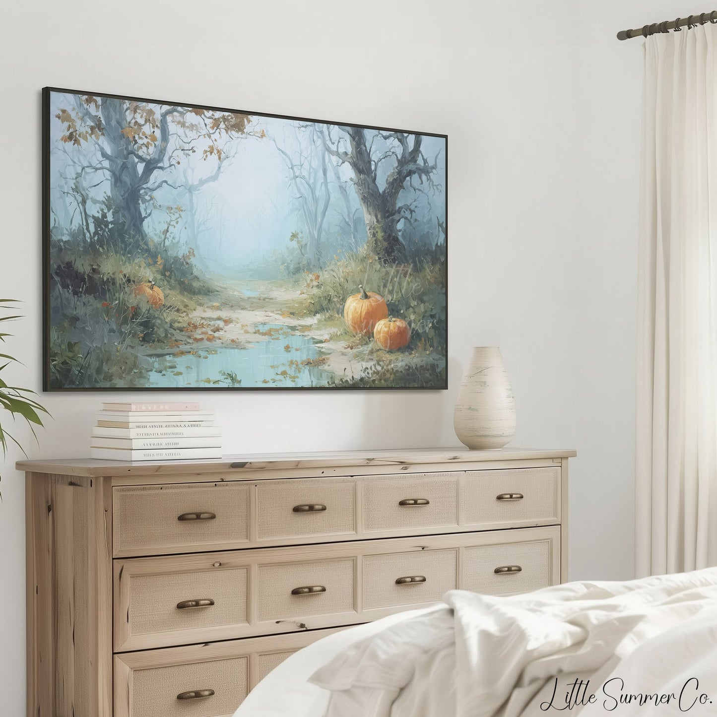 Pumpkins on Misty Woodland Path Frame TV Art displayed on a TV