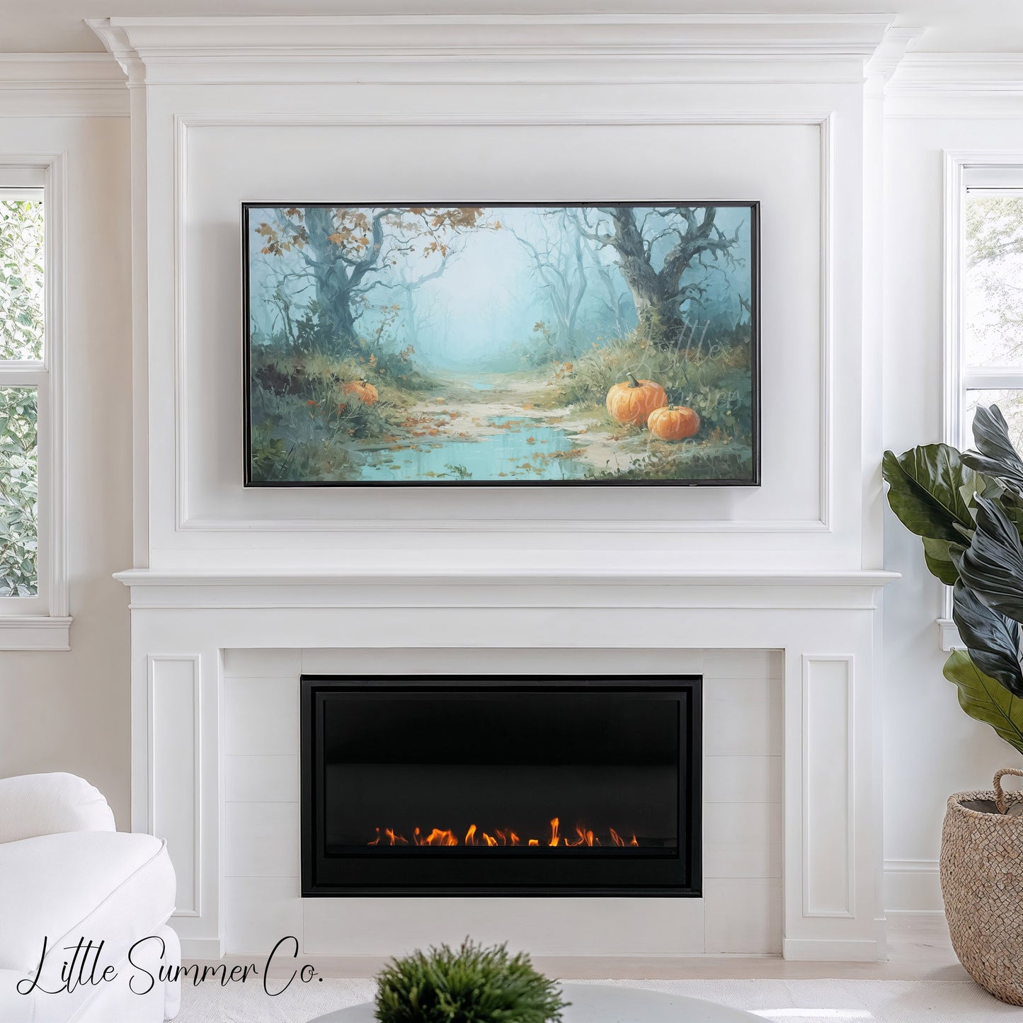 Pumpkins on Misty Woodland Path Frame TV Art displayed on a TV