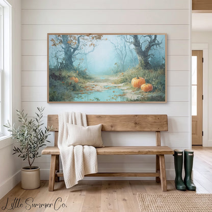 Pumpkins on Misty Woodland Path Frame TV Art displayed on a TV