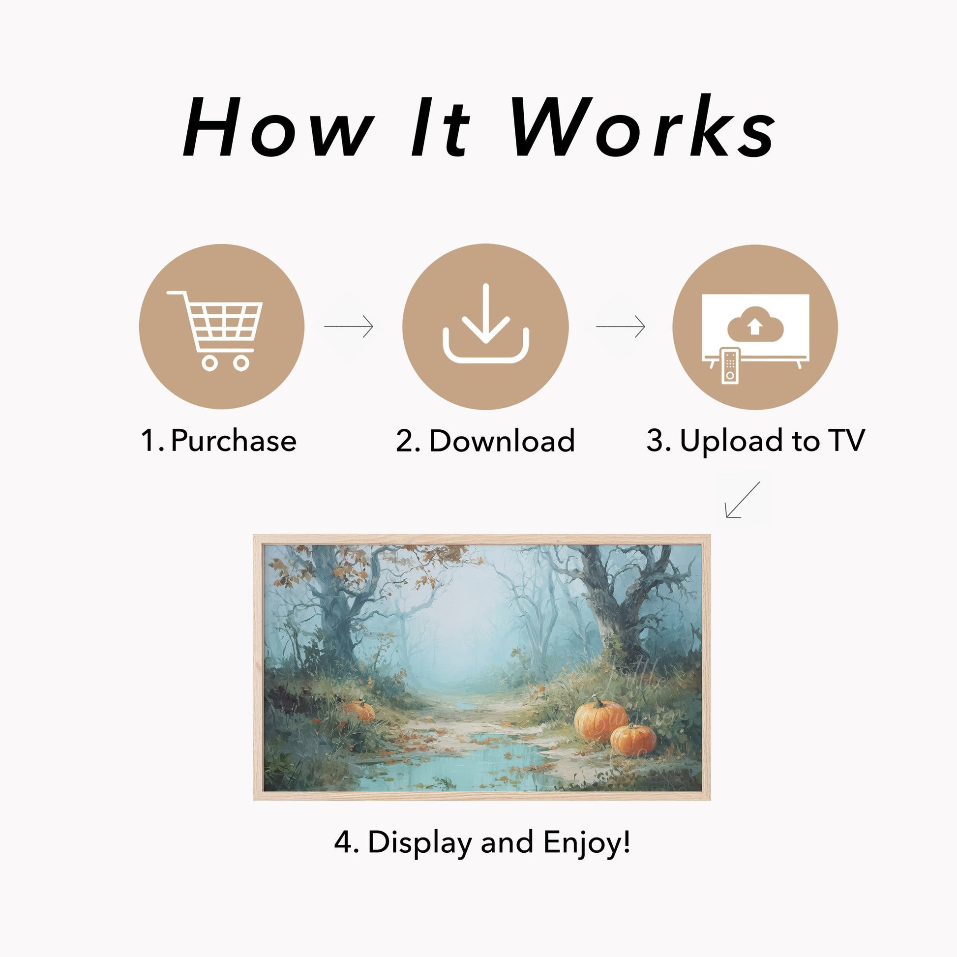 Pumpkins on Misty Woodland Path Frame TV Art displayed on a TV