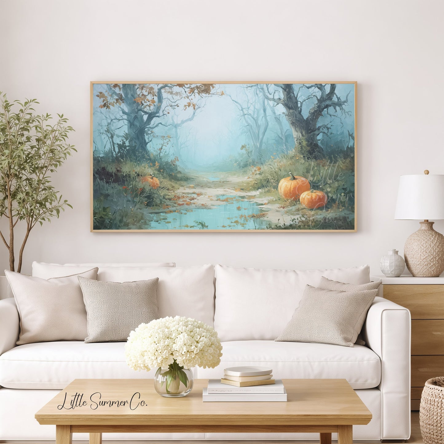 Pumpkins on Misty Woodland Path Frame TV Art displayed on a TV