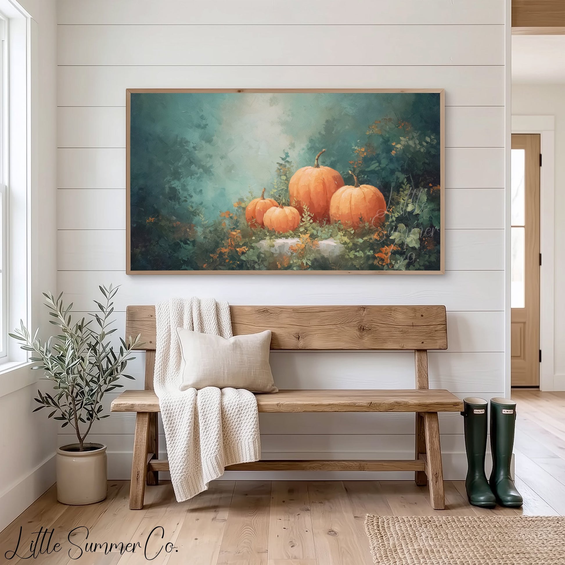 Pumpkins in Autumn Garden Frame TV Art displayed on a TV
