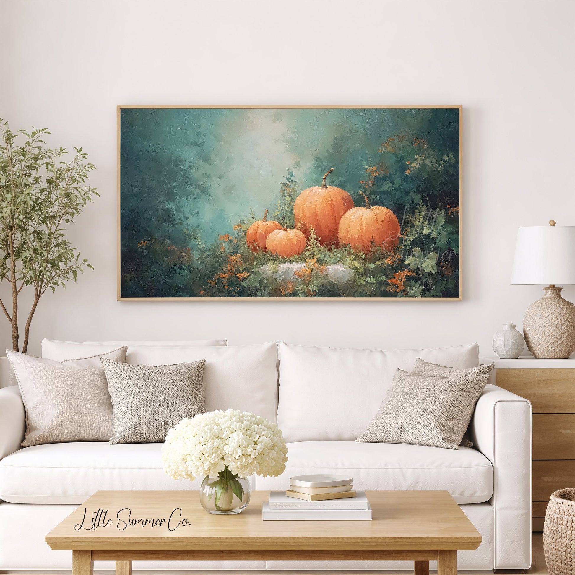 Pumpkins in Autumn Garden Frame TV Art displayed on a TV