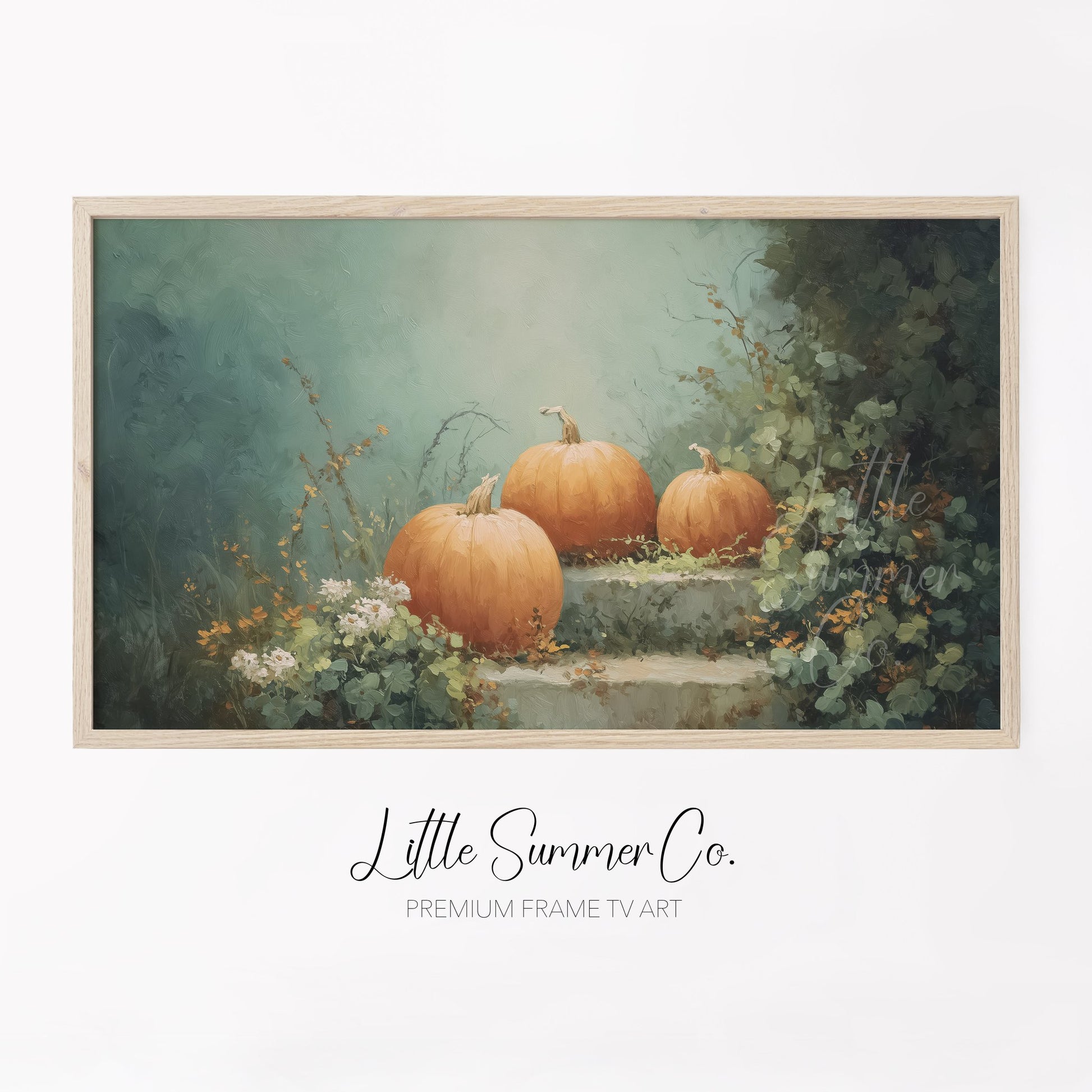 Pumpkins on Garden Steps Frame TV Art displayed on a TV