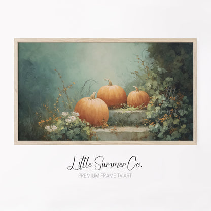 Pumpkins on Garden Steps Frame TV Art displayed on a TV