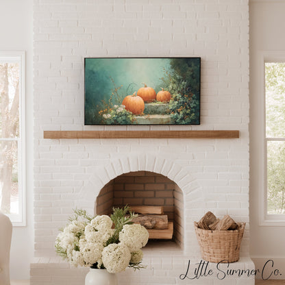 Pumpkins on Garden Steps Frame TV Art displayed on a TV