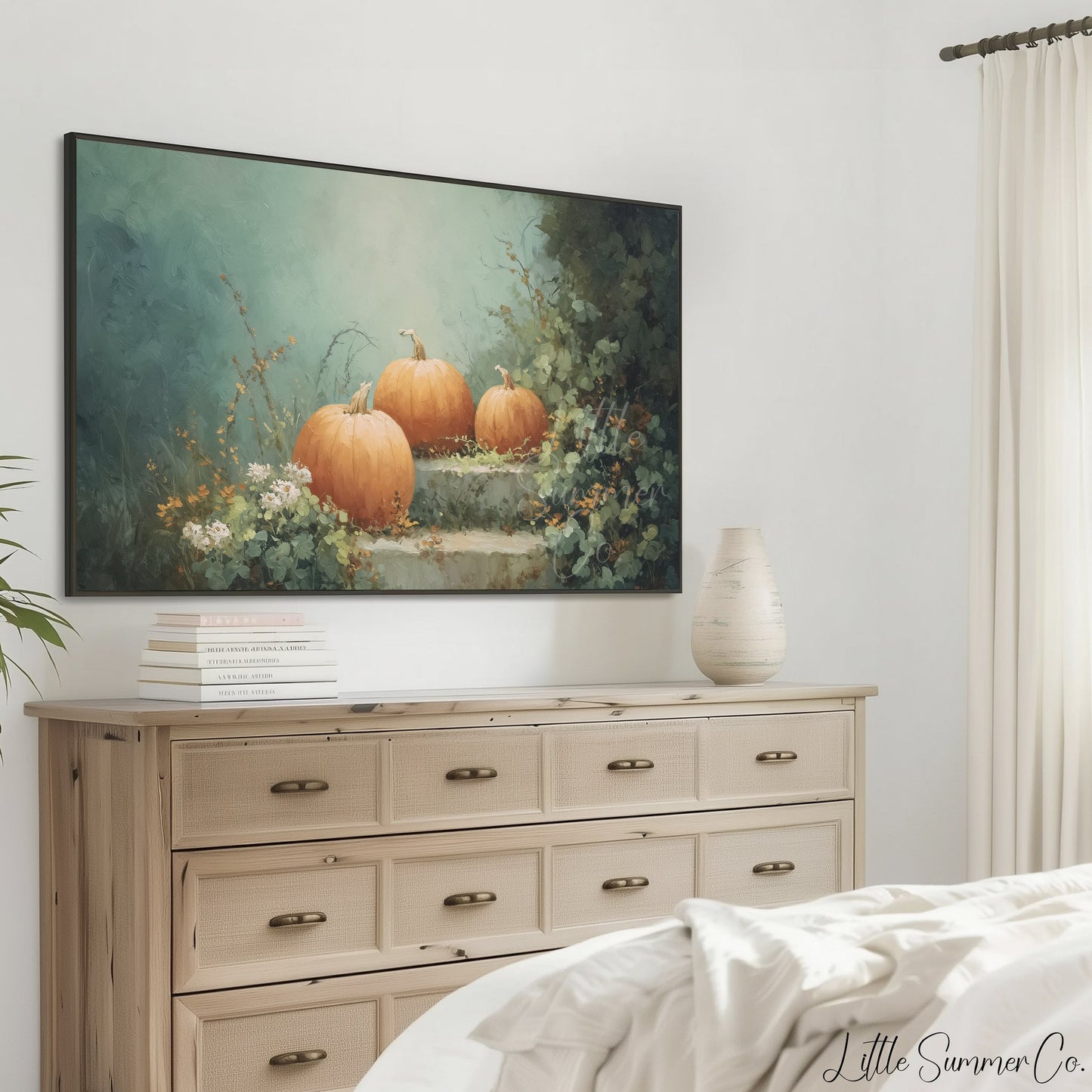 Pumpkins on Garden Steps Frame TV Art displayed on a TV