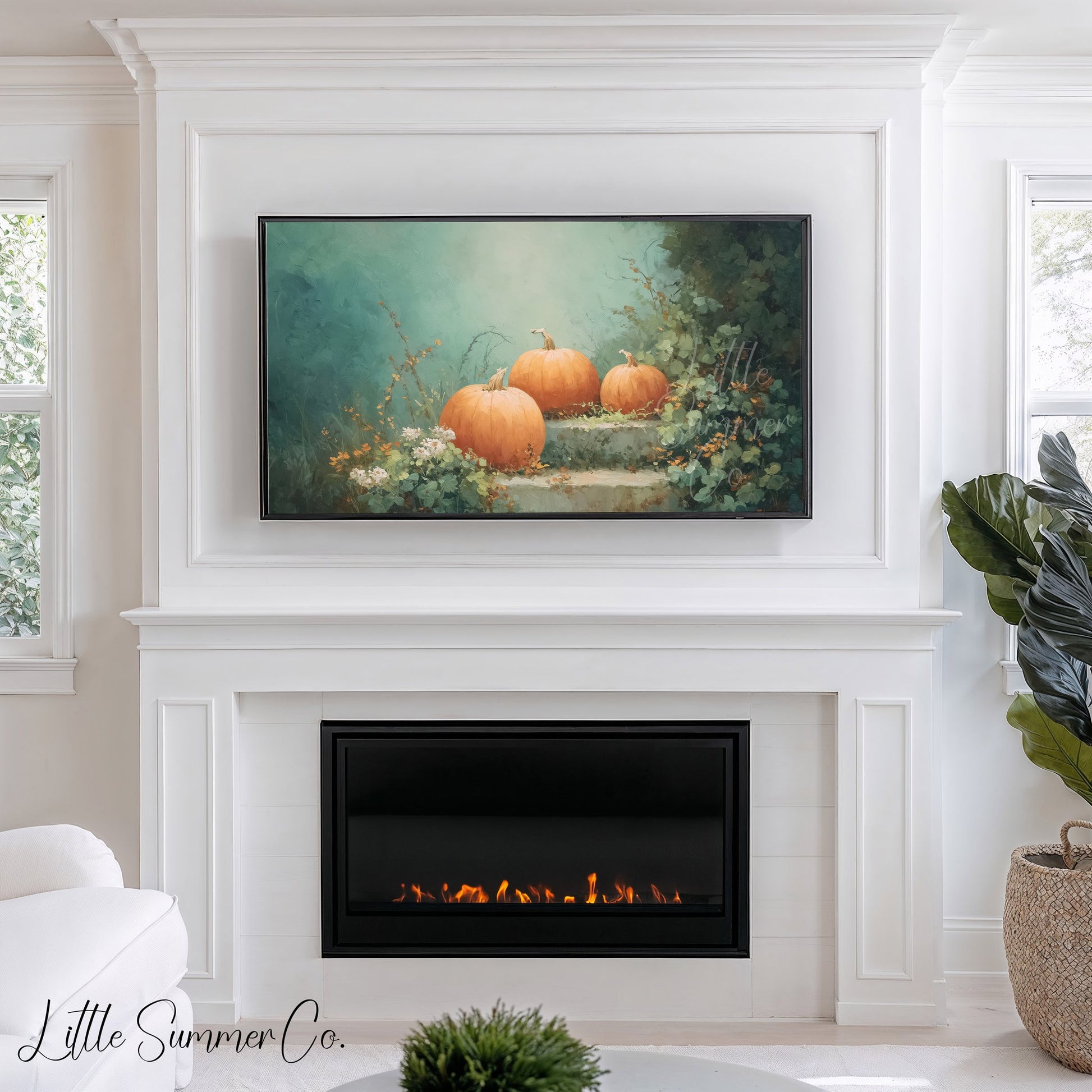 Pumpkins on Garden Steps Frame TV Art displayed on a TV