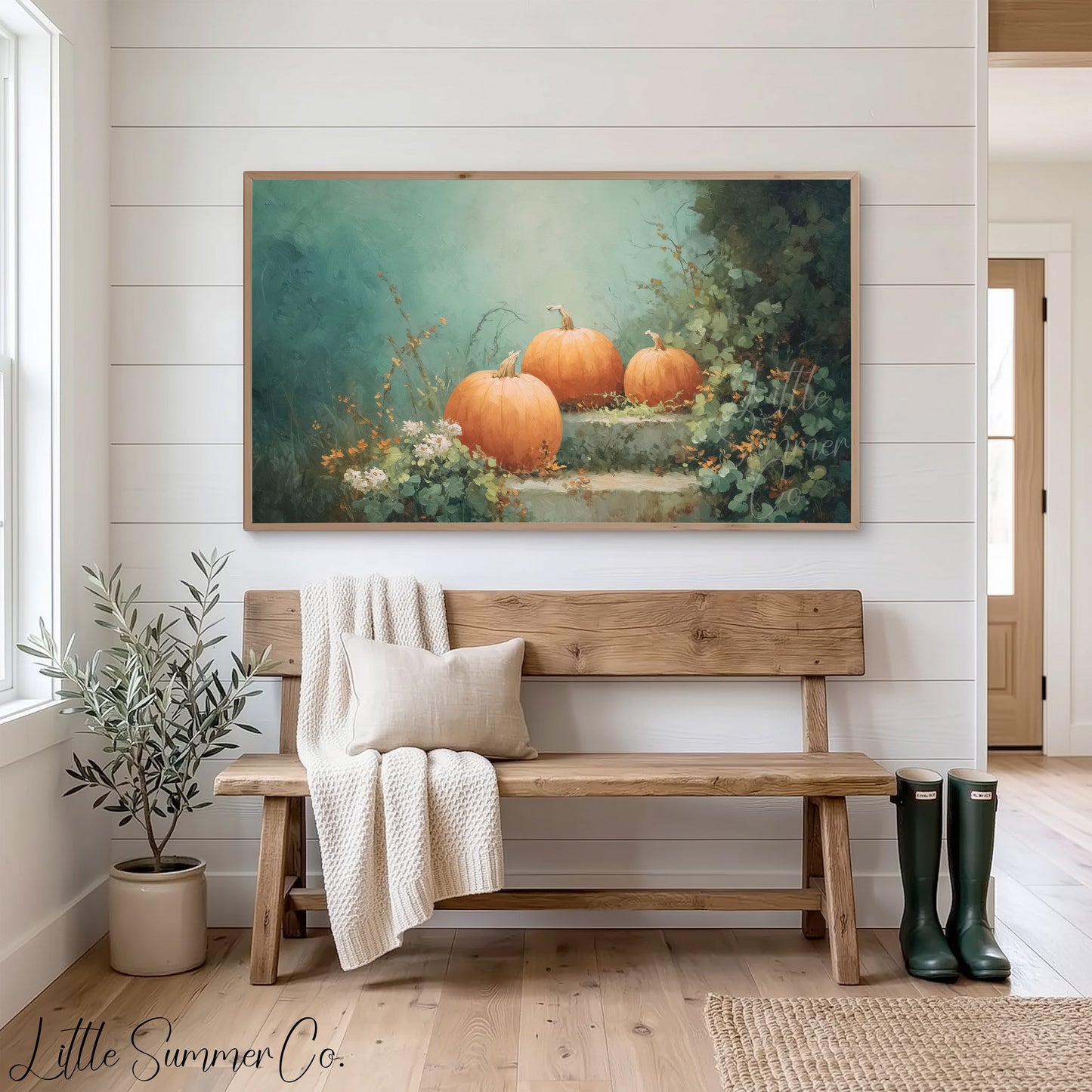 Pumpkins on Garden Steps Frame TV Art displayed on a TV