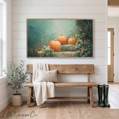 Pumpkins on Garden Steps Frame TV Art displayed on a TV
