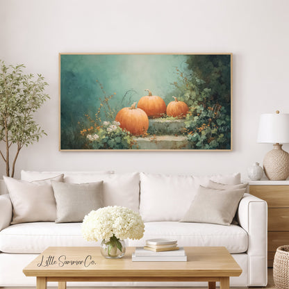 Pumpkins on Garden Steps Frame TV Art displayed on a TV