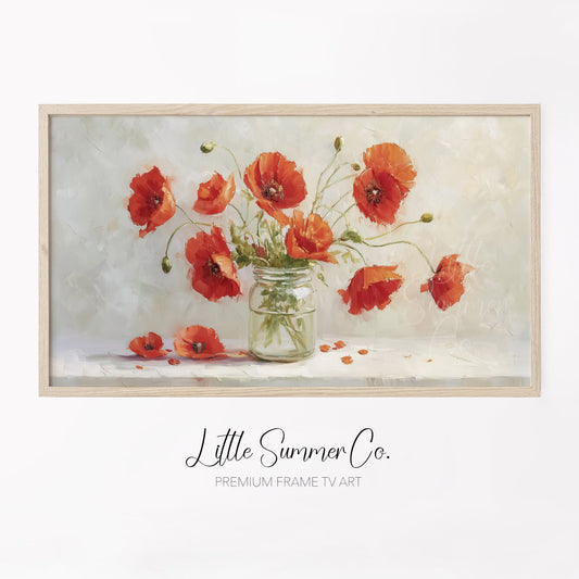 Red Poppies in Glass Jar Frame TV Art displayed on a TV