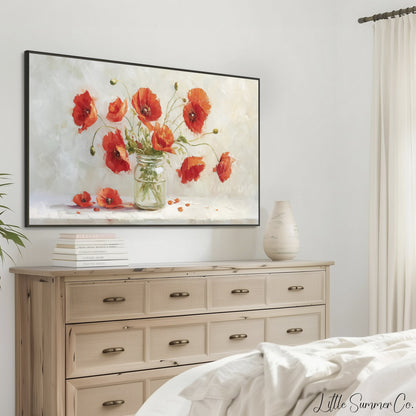 Red Poppies in Glass Jar Frame TV Art displayed on a TV