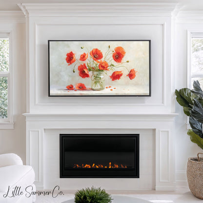 Red Poppies in Glass Jar Frame TV Art displayed on a TV