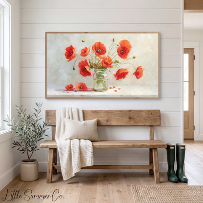Red Poppies in Glass Jar Frame TV Art displayed on a TV