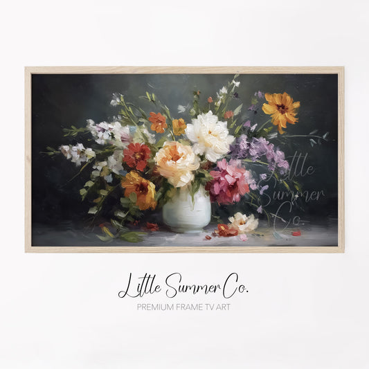 Wildflower Bouquet White Vase Frame TV Art displayed on a TV