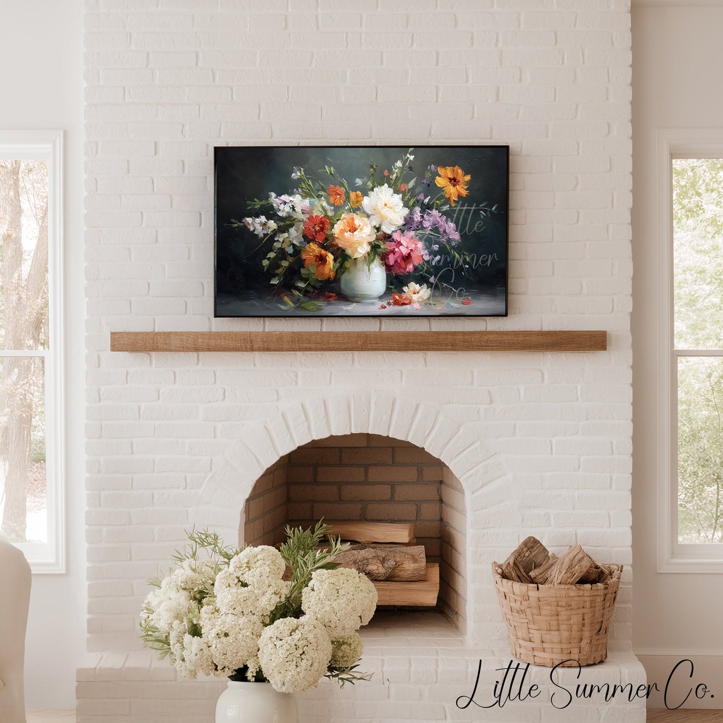 Wildflower Bouquet White Vase Frame TV Art displayed on a TV