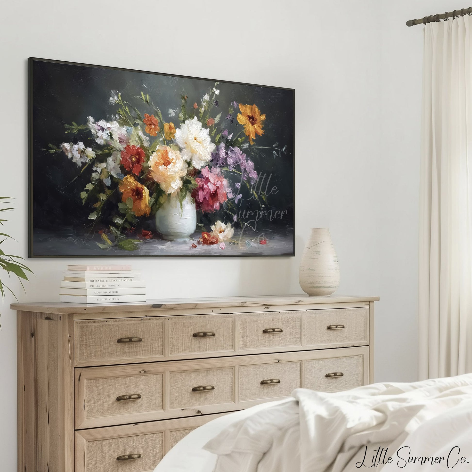 Wildflower Bouquet White Vase Frame TV Art displayed on a TV
