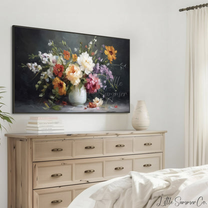 Wildflower Bouquet White Vase Frame TV Art displayed on a TV