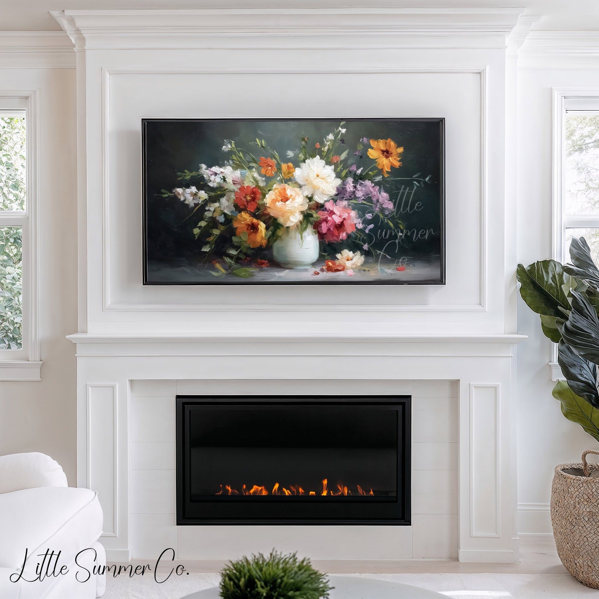 Wildflower Bouquet White Vase Frame TV Art displayed on a TV