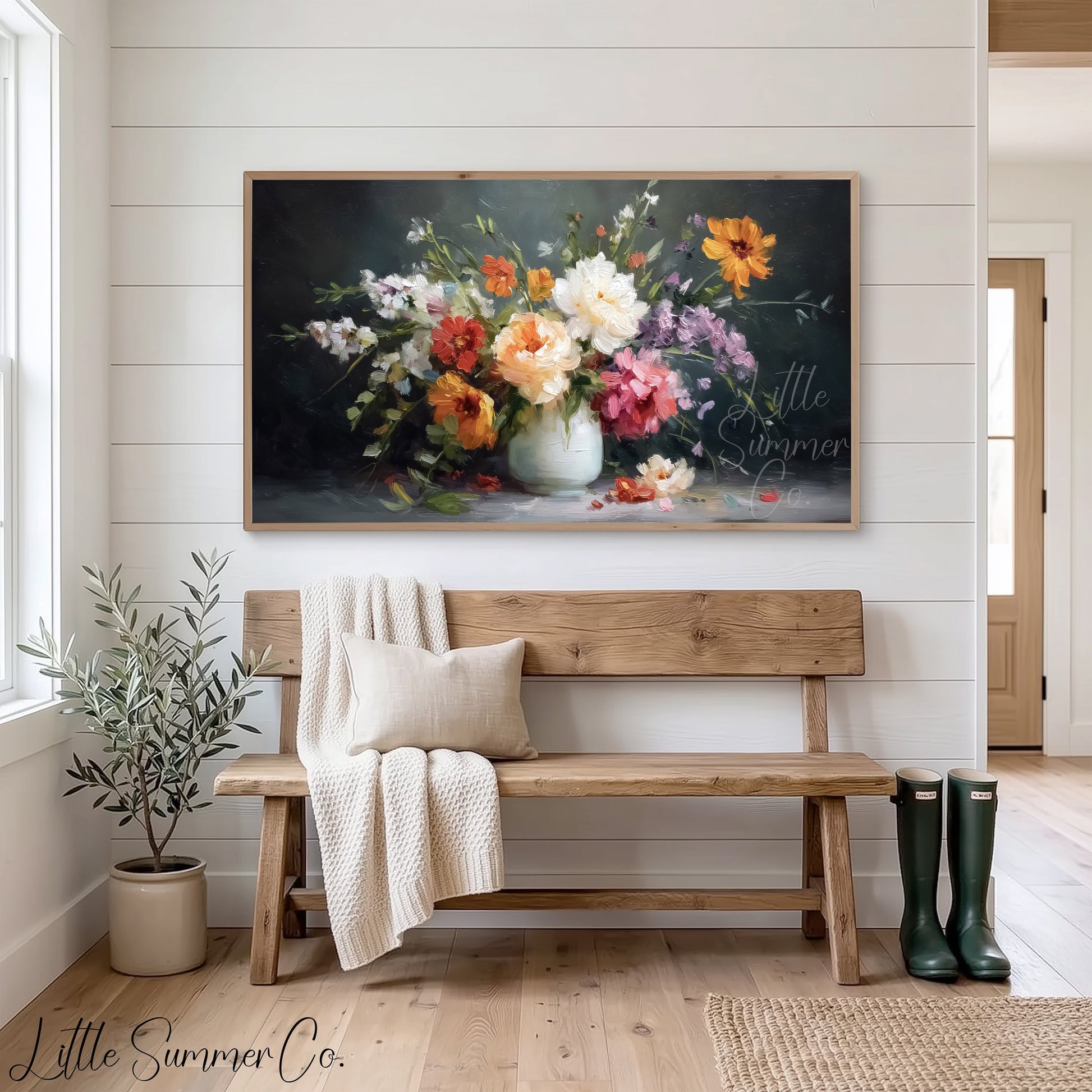 Wildflower Bouquet White Vase Frame TV Art displayed on a TV