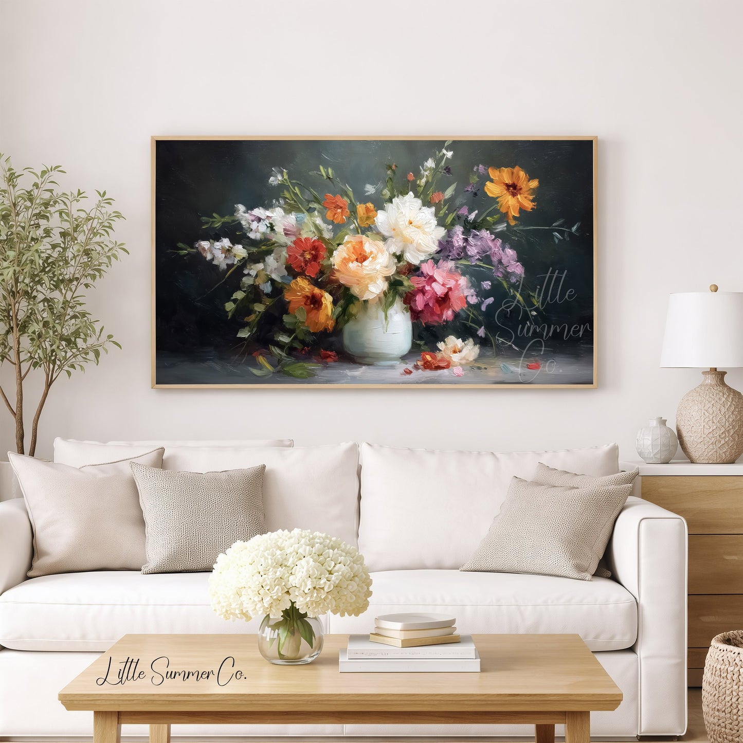 Wildflower Bouquet White Vase Frame TV Art displayed on a TV