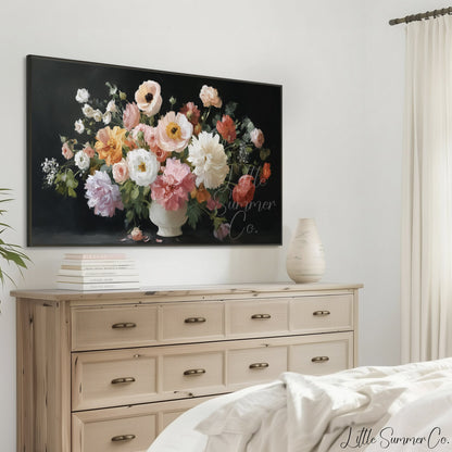 Mixed Floral Bouquet White Vase Frame TV Art displayed on a TV