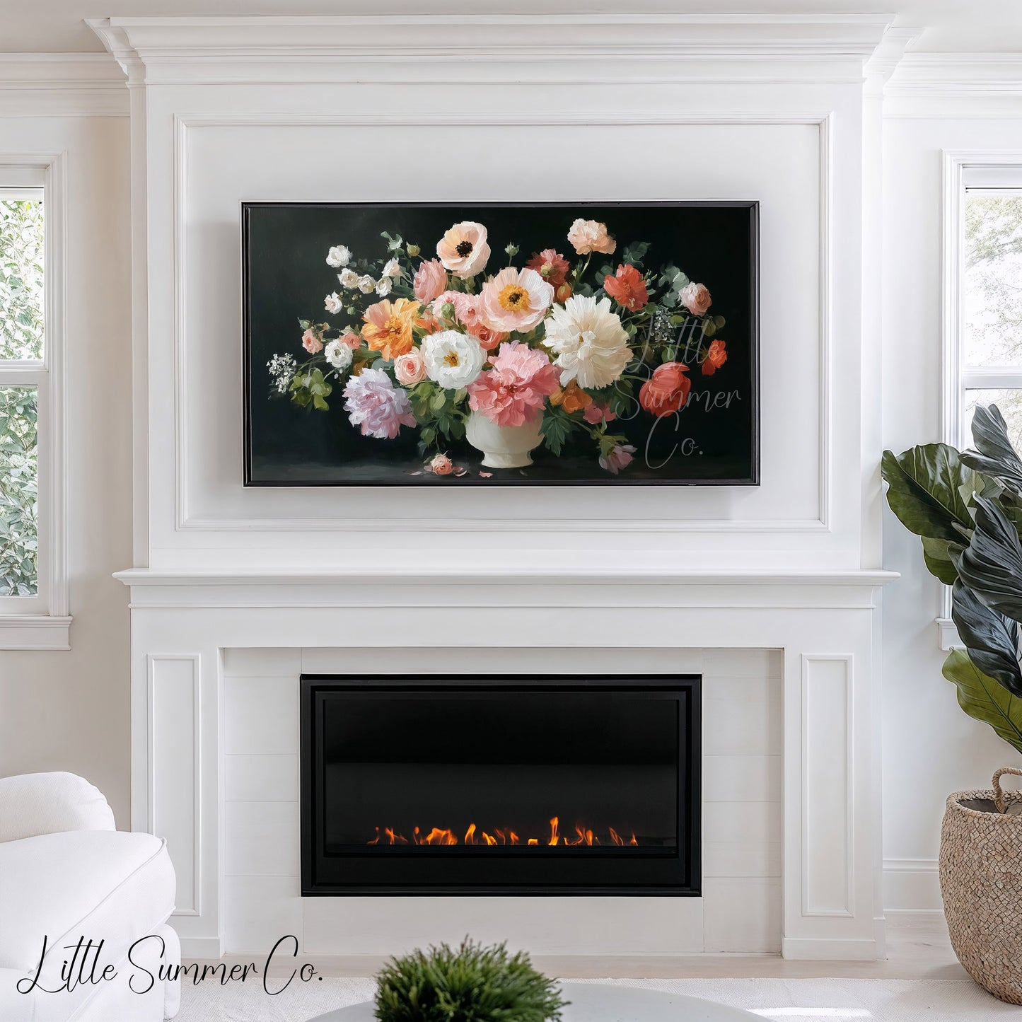 Mixed Floral Bouquet White Vase Frame TV Art displayed on a TV