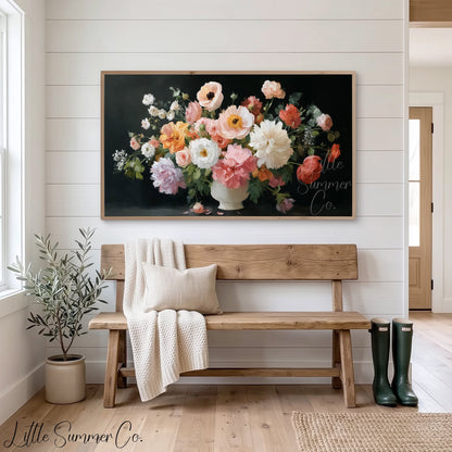 Mixed Floral Bouquet White Vase Frame TV Art displayed on a TV