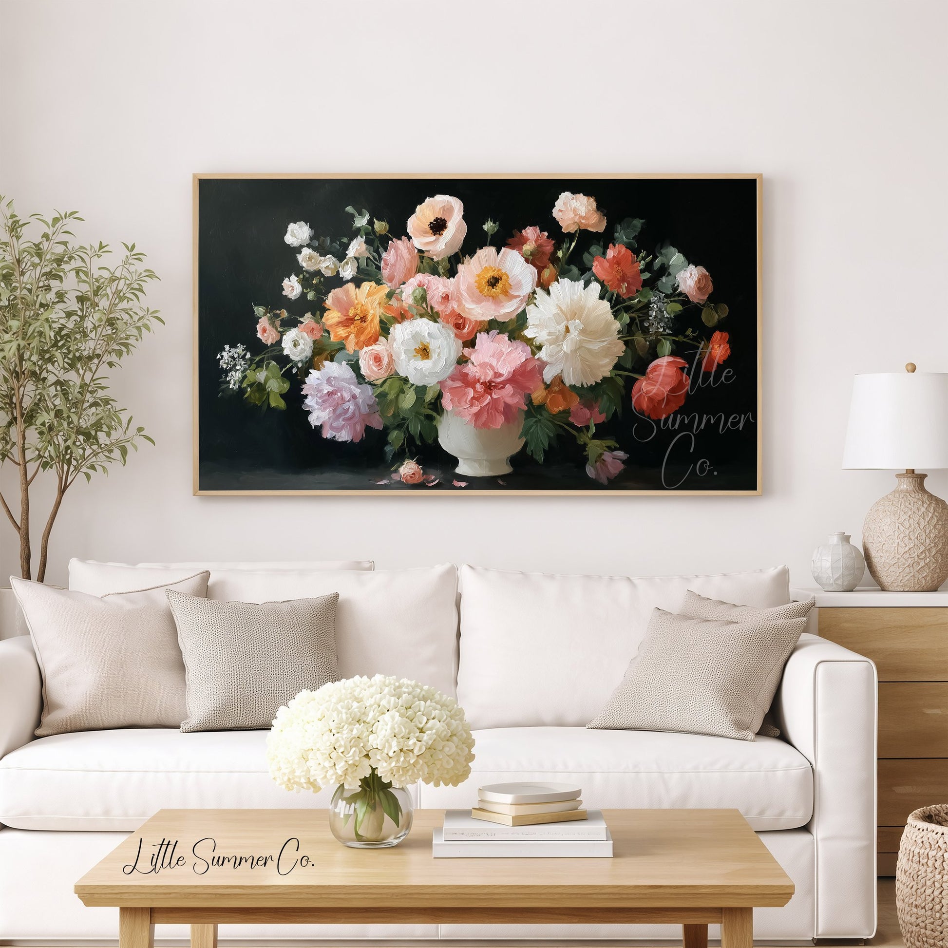 Mixed Floral Bouquet White Vase Frame TV Art displayed on a TV