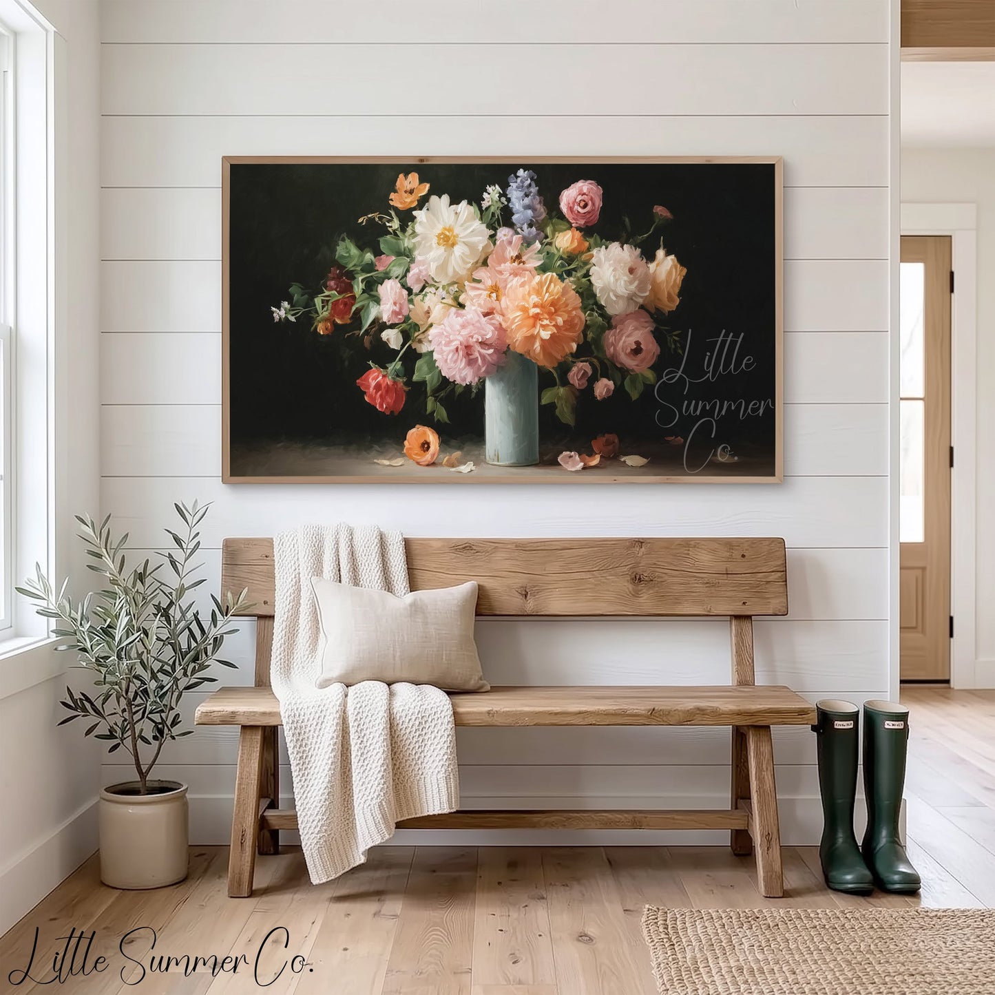 Mixed Flower Bouquet Blue Vase Frame TV Art displayed on a TV