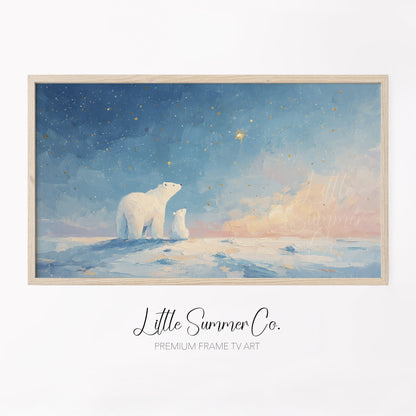 Polar Bears Starry Sunset Sky Frame TV Art displayed on a TV