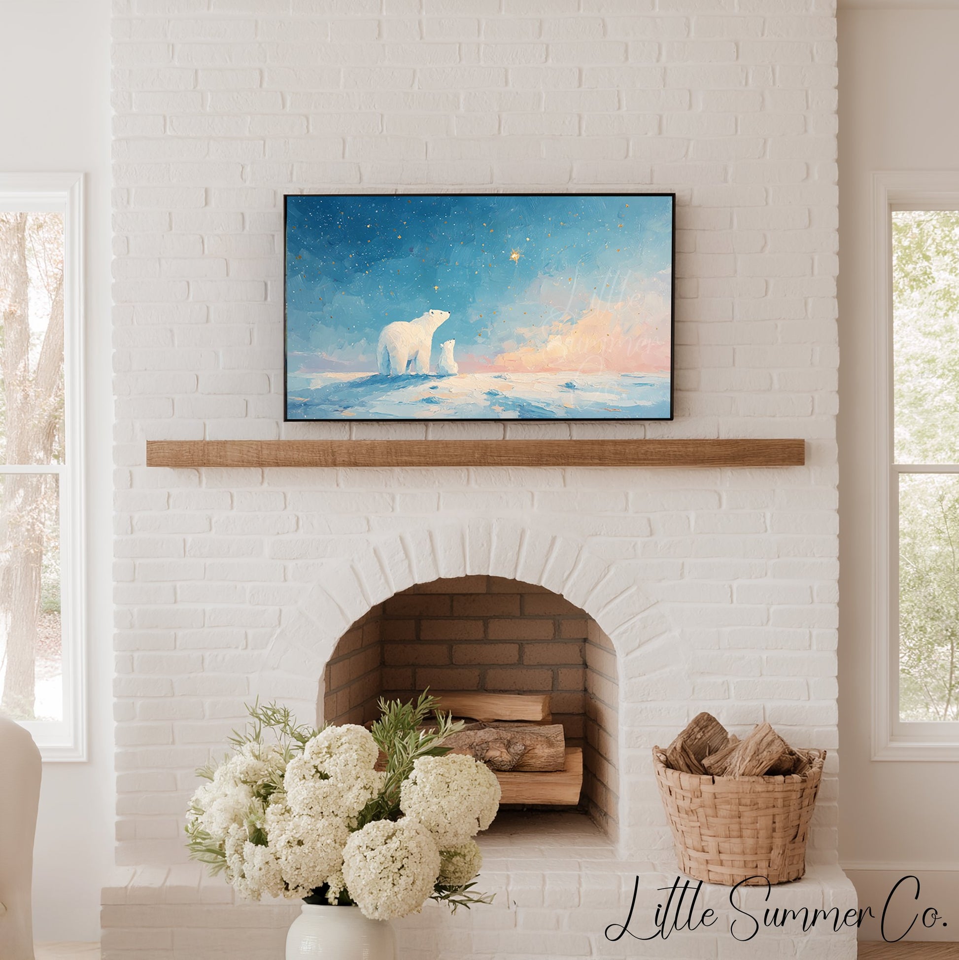 Polar Bears Starry Sunset Sky Frame TV Art displayed on a TV