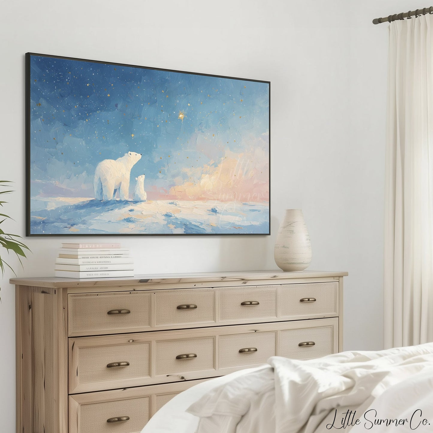 Polar Bears Starry Sunset Sky Frame TV Art displayed on a TV