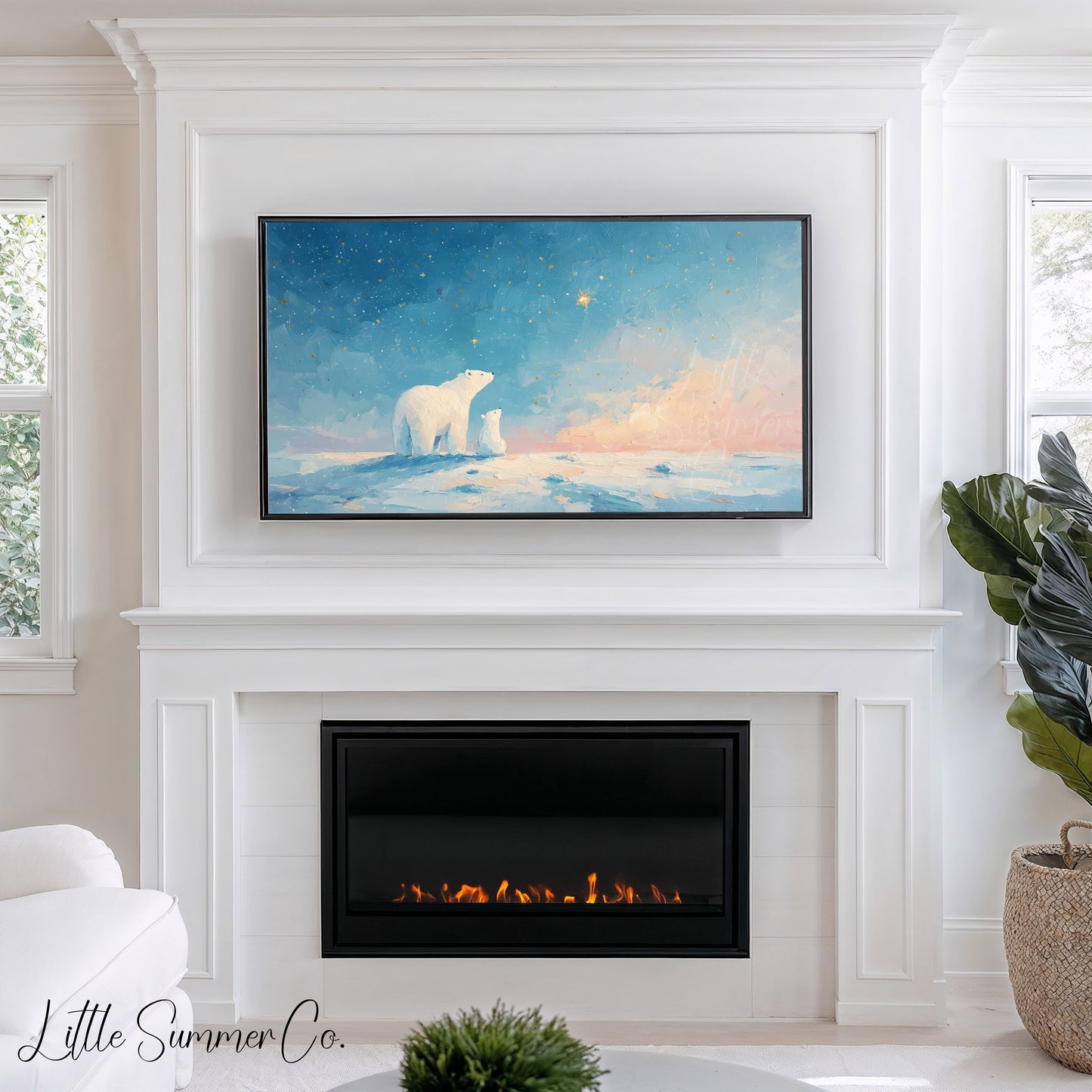 Polar Bears Starry Sunset Sky Frame TV Art displayed on a TV
