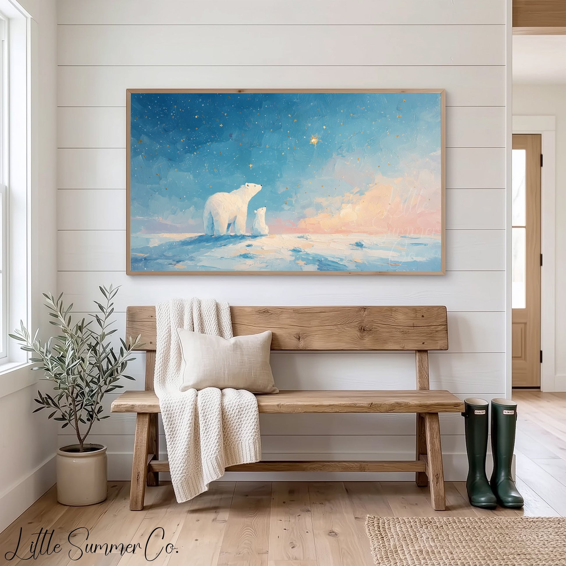 Polar Bears Starry Sunset Sky Frame TV Art displayed on a TV